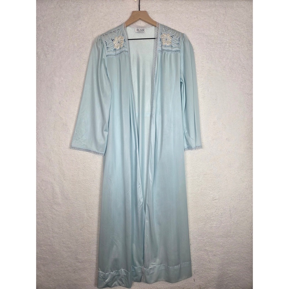 Vtg 80s Light Maxi‎ Satin Robe S Floral Lace Embroidered Tie Waist Belted Luxury